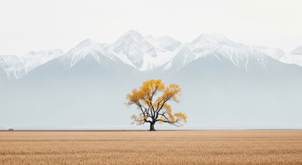 Solitary Autumn Tree Against Majestic Snow-Capped Mountains.