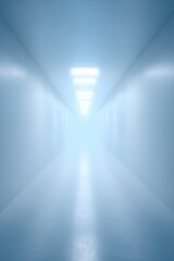 A pristine, futuristic corridor with minimalist design, leads toward a bright light, creating a sense of anticipation and forward motion.