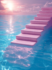 Obraz premium Fantasy pink staircase leads into an endless turquoise ocean beneath a glowing pink sunset. Dreamlike y2k surrealism with tropical escape mood.