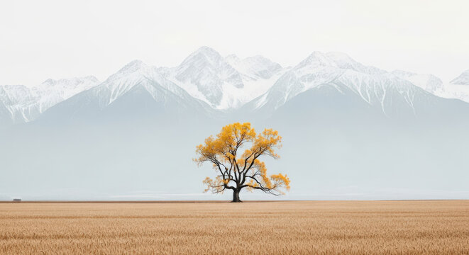 Solitary Autumn Tree Against Majestic Snow-Capped Mountains.