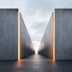 A mesmerizing perspective of architectural artistry unfolds, showcasing stark concrete walls framing a radiant illumination, directing the eye to a distant horizon under a vast, cloudy sky. 