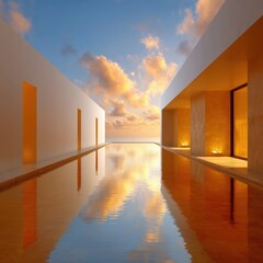 Modern minimalist architecture frames a serene waterscape, the building's clean lines contrasting with the vibrant sky, and golden sunset hues reflected in the still water creating atmosphere.