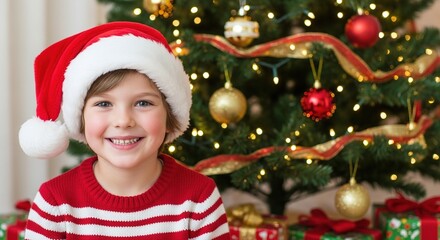Adorable smiling boy wearing Santa hat and festive sweater with Christmas tree and gifts in background