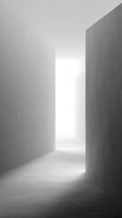 An ethereal corridor of architectural simplicity guides the eye towards a luminous point, with abstract and minimalist style. Evoking a sense of space and light.