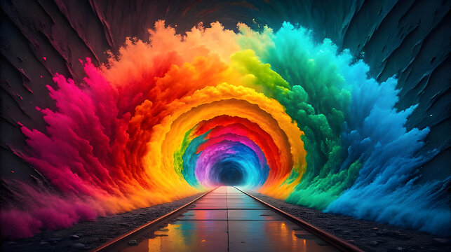 Rainbow smoke tunnel with train tracks abstract