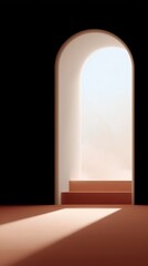 An arched doorway invites the viewer into a world of possibilities, with light illuminating the path of three steps, suggesting growth and aspiration.