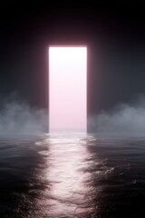 A mysterious portal of light emerges through mist-shrouded waters, evoking an ethereal feeling of exploration.