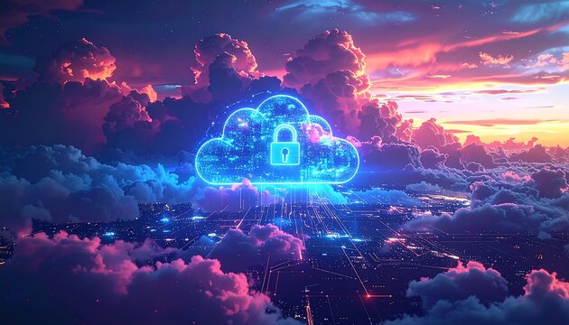 A neon cloud icon with a padlock floats amidst fluffy clouds during a sunset over a digital landscape. Illumination