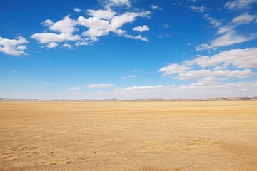 Fototapeta premium Vast dry grassland under expansive blue sky with scattered clouds open