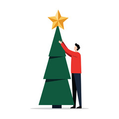 A person decorating a Christmas tree with a star ornament.