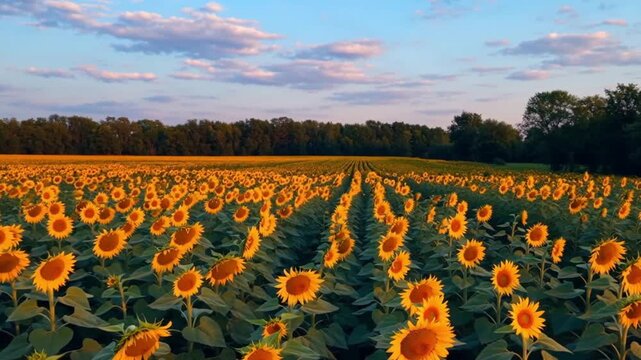 Golden hour light washes over a vast sunflower field, their golden heads glowing beneath a wide, clear blue sky. Lush green leaves stretch across the agricultural landscape, leading toward distant clu