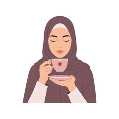 A serene Muslim woman in a purple hijab peacefully enjoying a cup of tea from a pink cup, with her eyes closed.