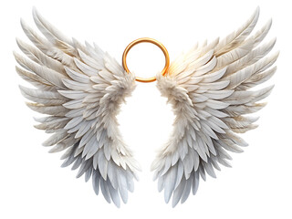 Detailed White Angel Wings with Golden Halo and Subtle Glow graphic design isolated on a transparent background