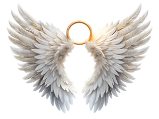 Detailed White Angel Wings with Golden Halo and Subtle Glow graphic design isolated on a transparent background