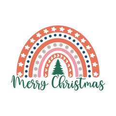 Merry Christmas Boho Rainbow with Pine Tree and Stars
