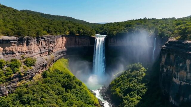 Scenic view of Salto Waterfalls in Chile captured in a cinematic tilt-down shot, with cascading water plunging into a lush, green landscape under natural daylight, highlighting the majesty and power o