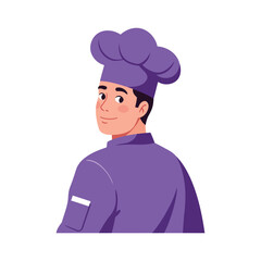 Chef with purple uniform looking over his shoulder.