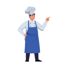Smiling chef in uniform pointing to the right, illustration.