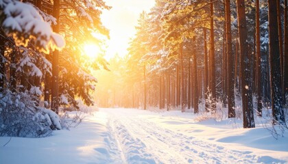 Snowy pine forest glows warmly at golden hour, creating serene and magical atmosphere
