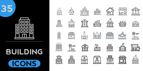 Building Web Icon Set in Line Style. Collection of House Linear Icons, Including city, office, house, skyscraper, bank, school, hotel, shop, university, hospital, church, mosque, factory, architecture