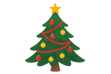 Fototapeta premium Christmas tree decorating with star, red ribbon, yellow and red baubles on a transparent background