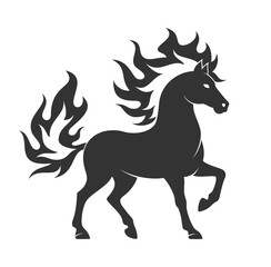 Black side silhouette of a horse with a fiery mane and fiery tail on a white background. Vector illustration