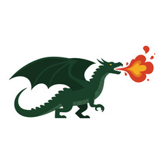 Obraz premium Illustration of a green dragon breathing fire with dark green wings.