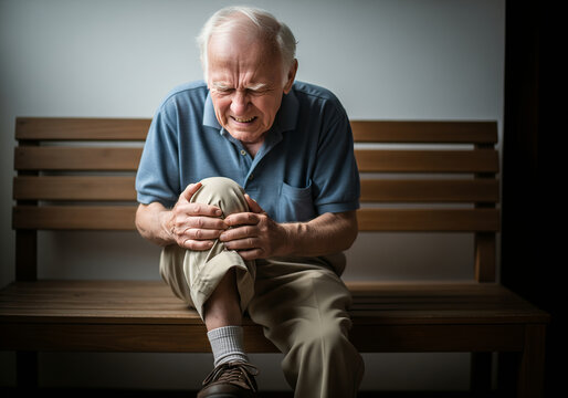 An elderly man grimaces in pain while sitting on a wooden bench and holding his aching knee.