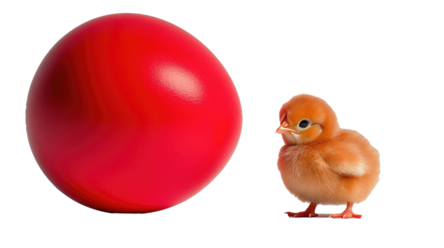 Fluffy Red Chick Beside a Large Red Egg on White Background png - Powered by Adobe
