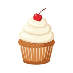 A delicious-looking cupcake with creamy white frosting and a bright red cherry on top, presented in a fluted paper liner.