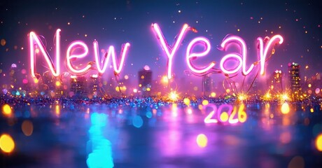 Bright neon text spells New Year above city skyline. Sparkling lights, vibrant colors, festive atmosphere. Date 2026 visible below.