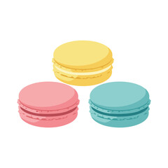 Three colorful French macarons in yellow, pink, and blue, sweet dessert treats on a white background.