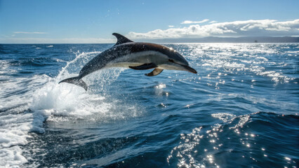 Fototapeta premium Common dolphin leaping out of the water in the bay of islands, new zealand