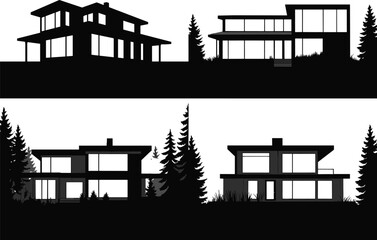 Modern house silhouettes surrounded by pine trees, contemporary architecture, large windows, nature landscape, luxury homes, minimalist design, peaceful forest setting, residential real estate