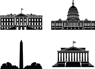 Silhouette of iconic Washington DC landmarks including White House, Capitol Building, Washington Monument, Lincoln Memorial, American flag, famous government buildings, USA history