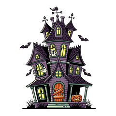 Cartoon illustration of a spooky haunted house with bats and a pumpkin.