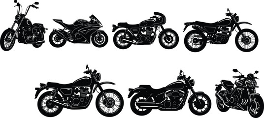 Motorcycle silhouette illustration set, black and white vector icons, cruiser, sportbike, dual-sport, classic scooter, transport design, vehicle collection