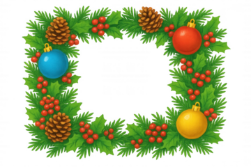Christmas frame illustrating green pine branches, red holly berries, pine cones, and colorful ornaments, transparent background