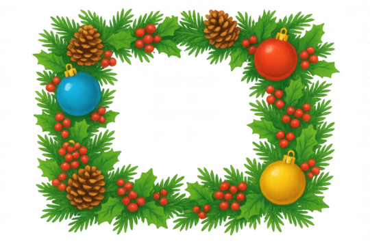Christmas frame illustrating green pine branches, red holly berries, pine cones, and colorful ornaments, transparent background