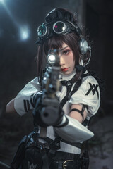Intense female operative in steampunk goggles and tactical gear aims rifle with determined focus