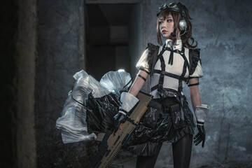 Determined woman in tactical maid outfit holding rifle, ready for action in a gritty, urban...