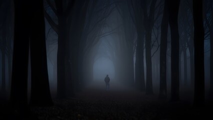Lonely Walker Foggy Forest Path Dark Atmospheric Scene