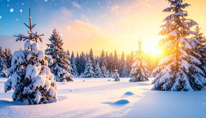 Serene snowy winter landscape with pine trees bathed in warm sunset light, creating tranquil and magical atmosphere