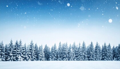 Snowy winter landscape with pine trees under clear blue sky, creating serene and peaceful atmosphere