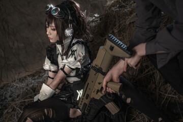 Determined woman in steampunk attire with rifle, ready for action in rugged wilderness setting.