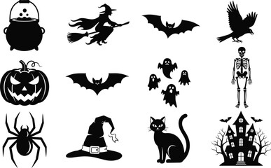 Halloween silhouette icons with witch, haunted house, pumpkin, ghost, skeleton, bat, spider, and spooky symbols for seasonal decoration design illustration