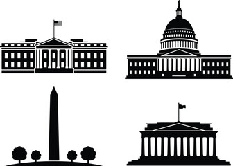 Silhouette icons of Washington DC landmarks, including the White House, US Capitol, Lincoln Memorial, and Washington Monument, perfect for patriotic, educational, or travel designs
