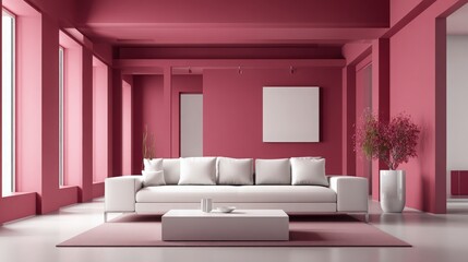 Pink Living Room with White Sofa and Plant