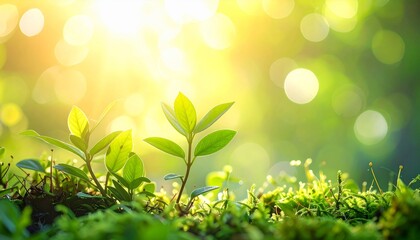 Young green plants bask in warm sunlight, surrounded by soft focus natural greenery and bokeh