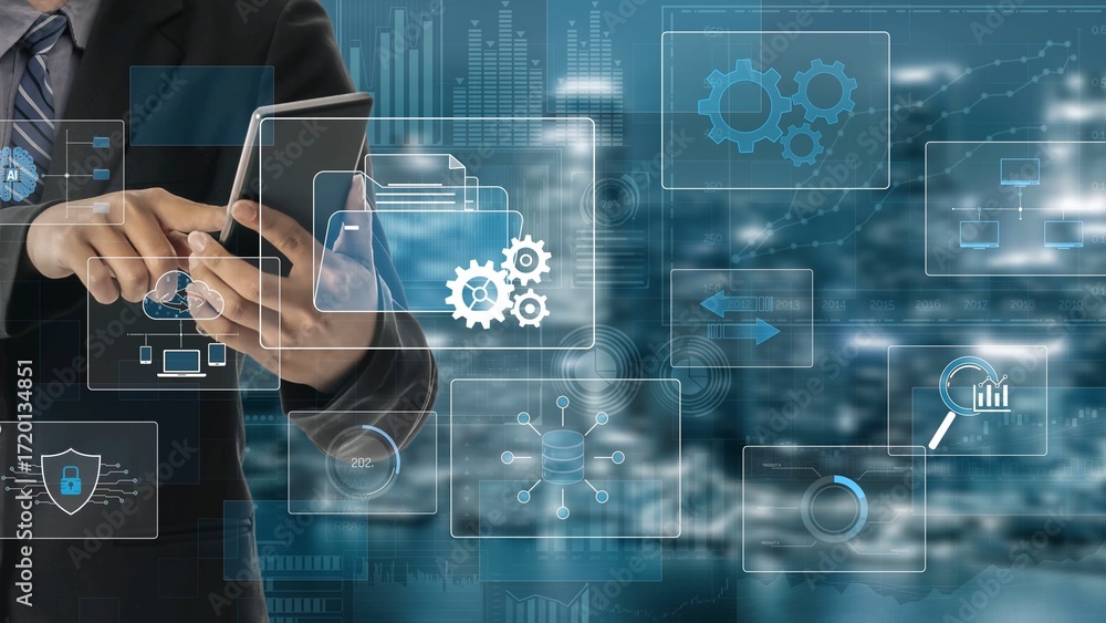 Poster digital business infrastructure with data system, analytics, sync. system management improves access